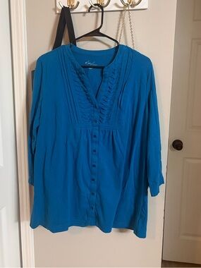 Kim Rogers Teal Button-Front Pintuck Blouse